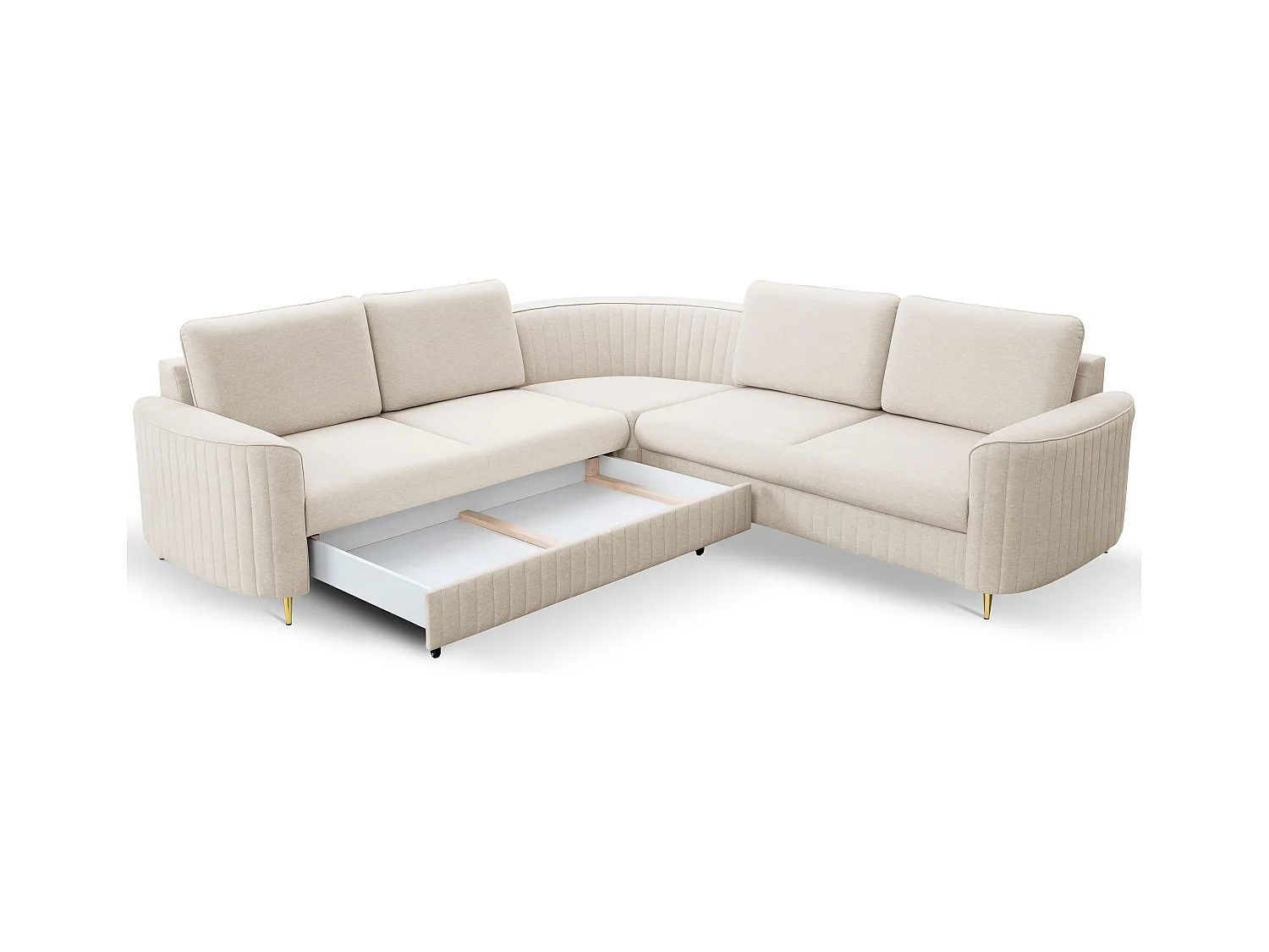 Canapé d'angle LAREN convertible, coffre de rangement, pieds en plastique, côté gauche, CREMAL, 251x251x85 cm