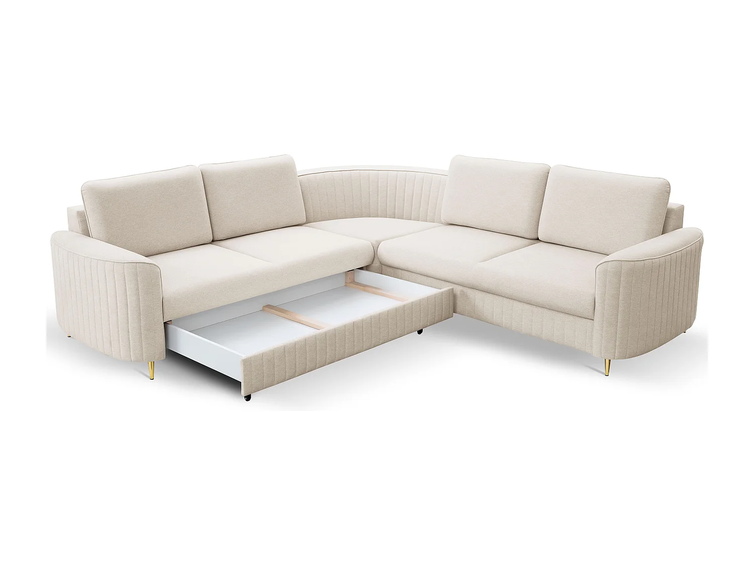 Canapé d'angle LAREN convertible, coffre de rangement, pieds en plastique, côté gauche, CREMAL, 251x251x85 cm