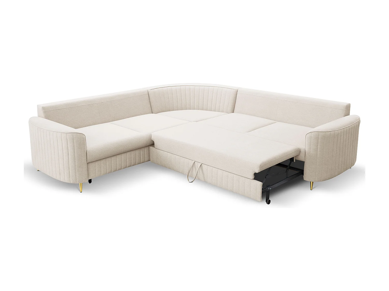 Canapé d'angle LAREN convertible, coffre de rangement, pieds en plastique, côté gauche, CREMAL, 251x251x85 cm