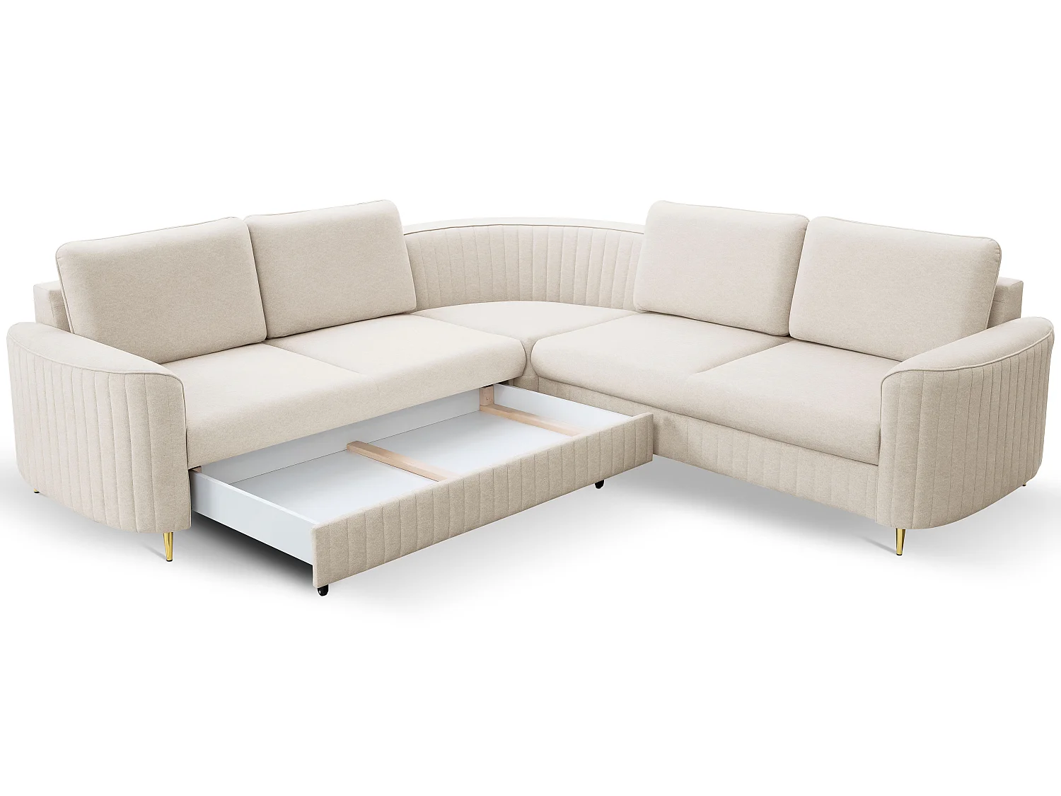 Narożnik LAREN nowoczesna sofa z funkcją spania, pojemnik na pościel, plastikowe nogi, lewa strona, CREMAL, 251x251x85 cm