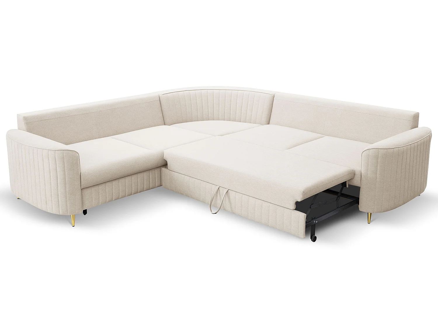 Narożnik LAREN nowoczesna sofa z funkcją spania, pojemnik na pościel, plastikowe nogi, lewa strona, CREMAL, 251x251x85 cm