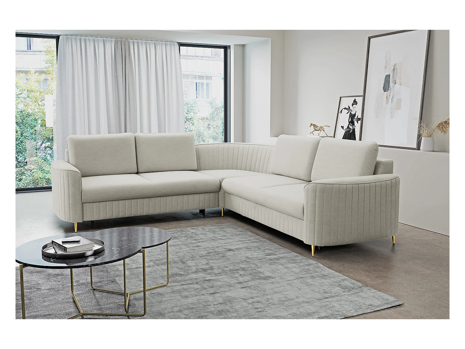 Canapé d'angle LAREN convertible, coffre de rangement, pieds en plastique, côté droit, ASHLEY CLAIR, 251x251x85 cm