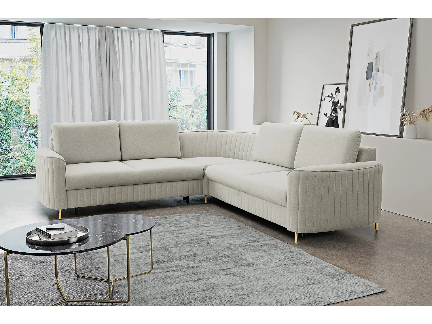 Canapé d'angle LAREN convertible, coffre de rangement, pieds en plastique, côté droit, ASHLEY CLAIR, 251x251x85 cm