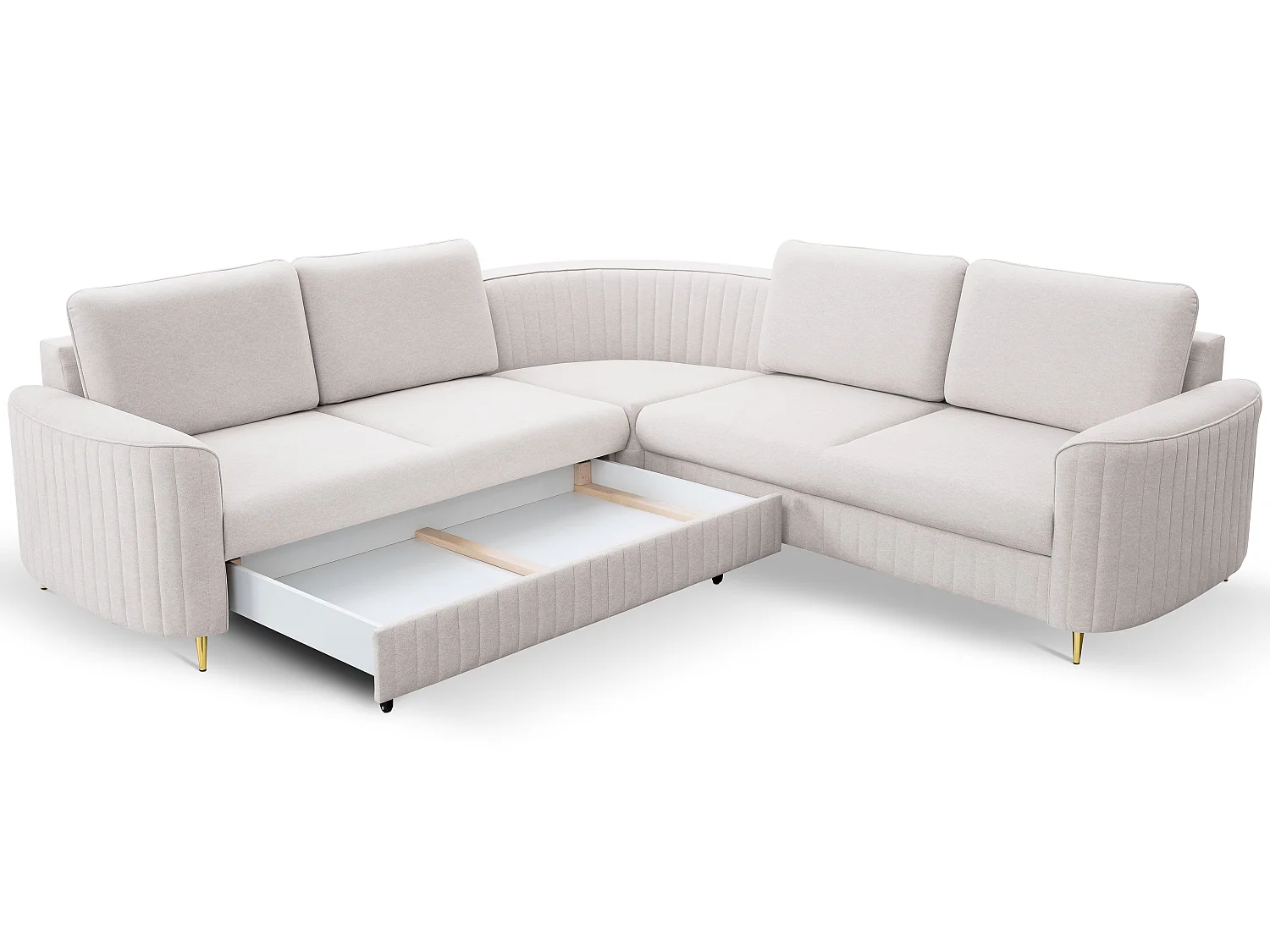 Narożnik LAREN nowoczesna sofa z funkcją spania, pojemnik na pościel, plastikowe nogi, lewa strona, ECRU, 251x251x85 cm