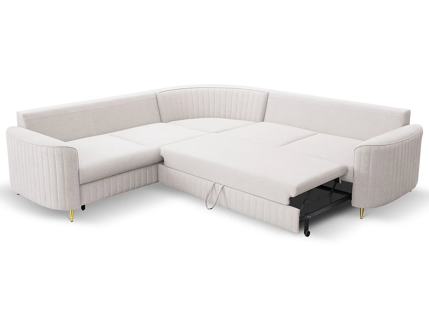 Narożnik LAREN nowoczesna sofa z funkcją spania, pojemnik na pościel, plastikowe nogi, lewa strona, ECRU, 251x251x85 cm