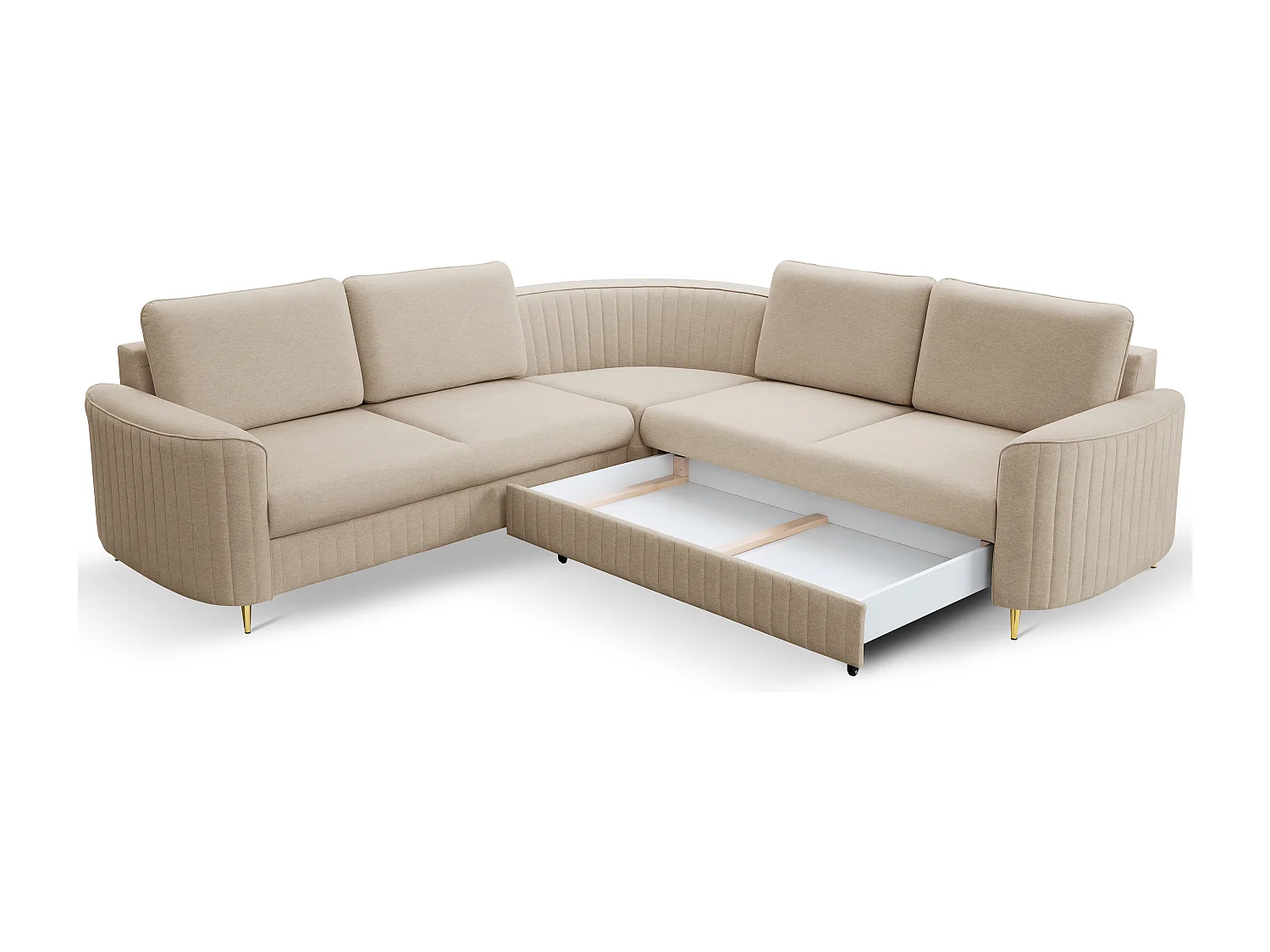 Canapé d'angle LAREN convertible, coffre de rangement, pieds en plastique, côté droit, BEIGE, 251x251x85 cm