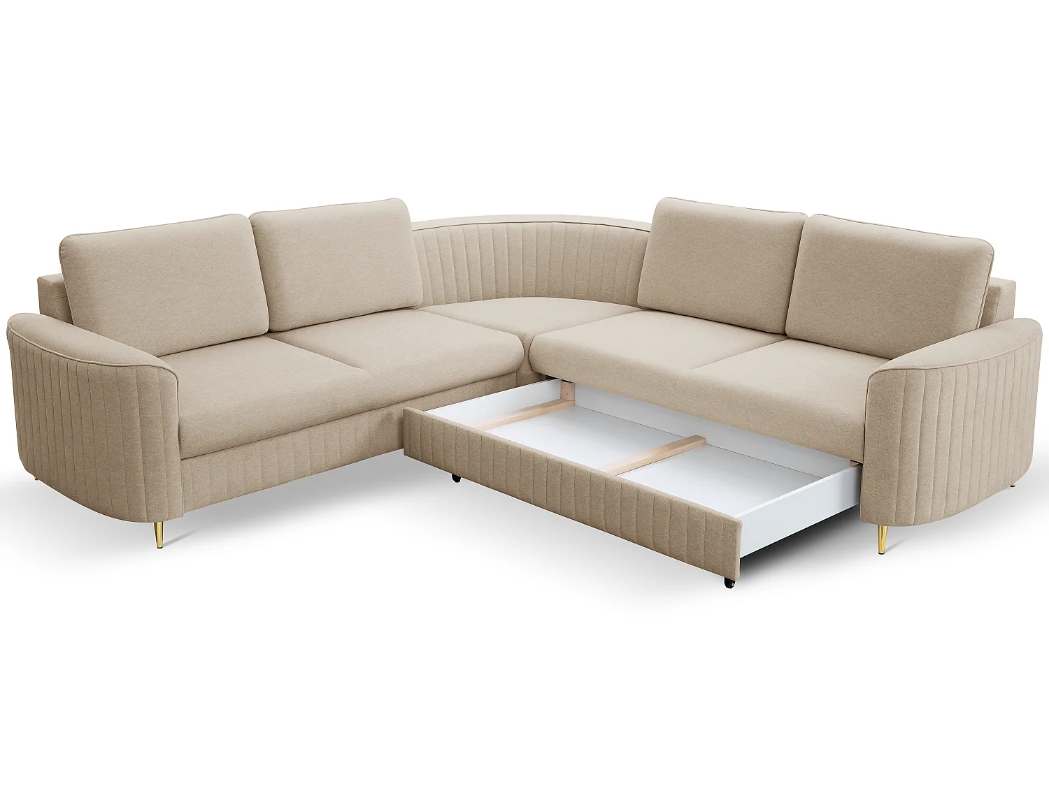 Narożnik LAREN nowoczesna sofa z funkcją spania, pojemnik na pościel, plastikowe nogi, prawa strona, BEŻOWY, 251x251x85 cm