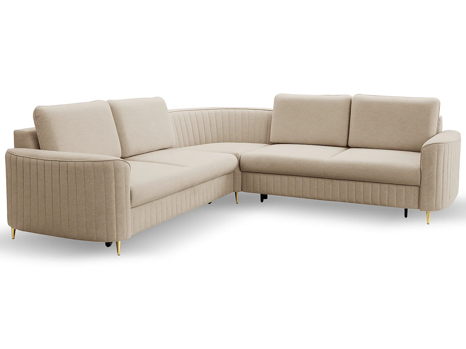 Narożnik LAREN nowoczesna sofa z funkcją spania, pojemnik na pościel, plastikowe nogi, prawa strona, BEŻOWY, 251x251x85 cm