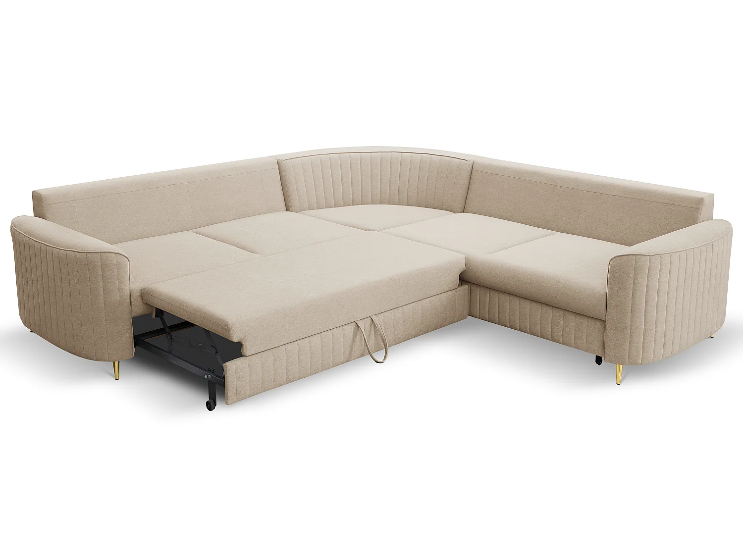 Narożnik LAREN nowoczesna sofa z funkcją spania, pojemnik na pościel, plastikowe nogi, prawa strona, BEŻOWY, 251x251x85 cm