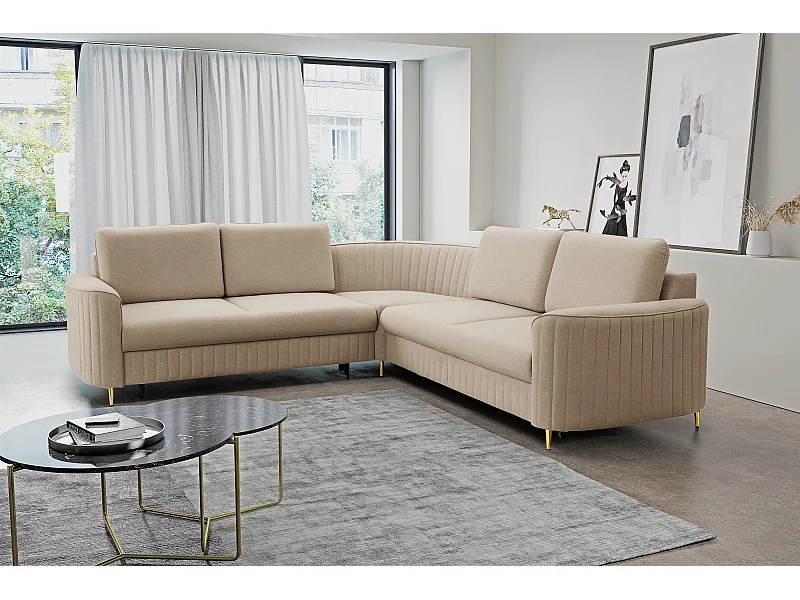 Canapé d'angle LAREN convertible, coffre de rangement, pieds en plastique, côté droit, BEIGE, 251x251x85 cm
