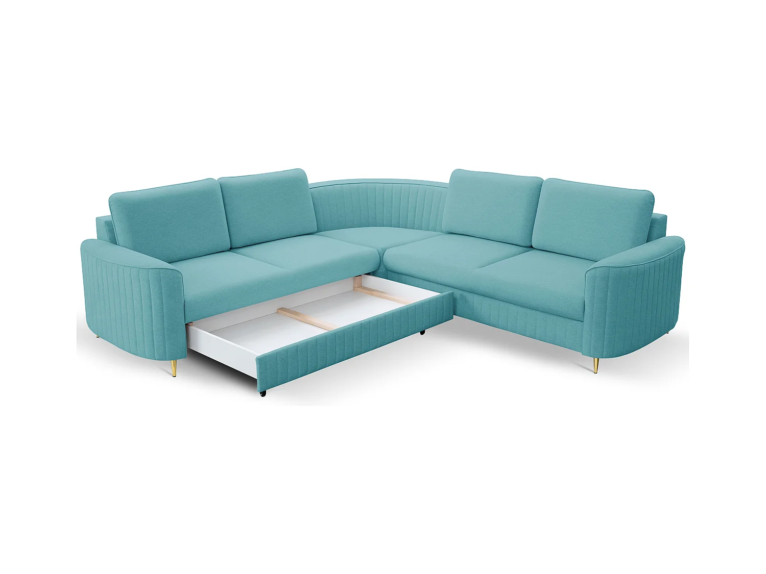 Canapé d'angle LAREN convertible, coffre de rangement, pieds en plastique, côté gauche, TURQUOISE, 251x251x85 cm