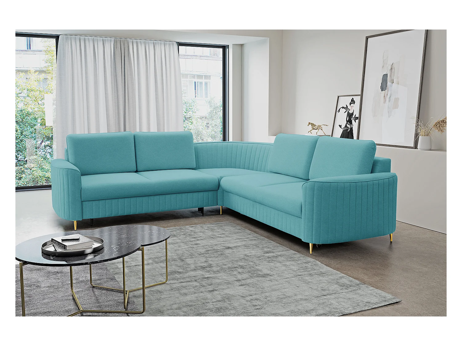 Canapé d'angle LAREN convertible, coffre de rangement, pieds en plastique, côté gauche, TURQUOISE, 251x251x85 cm