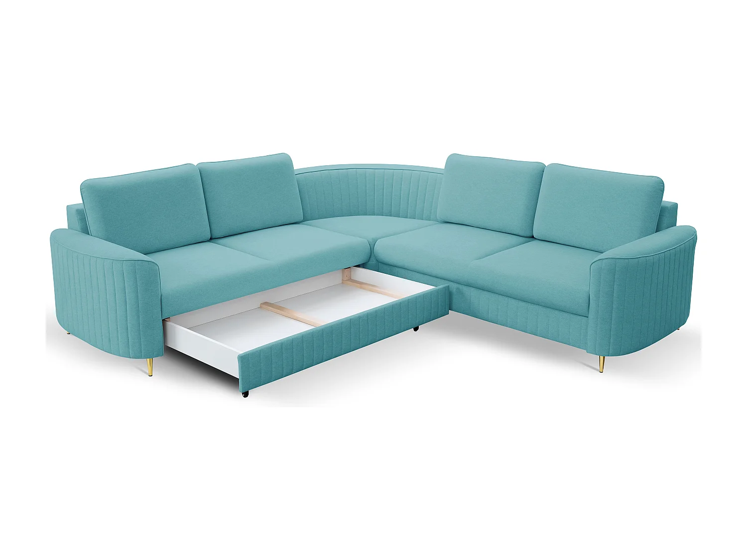 Canapé d'angle LAREN convertible, coffre de rangement, pieds en plastique, côté gauche, TURQUOISE, 251x251x85 cm