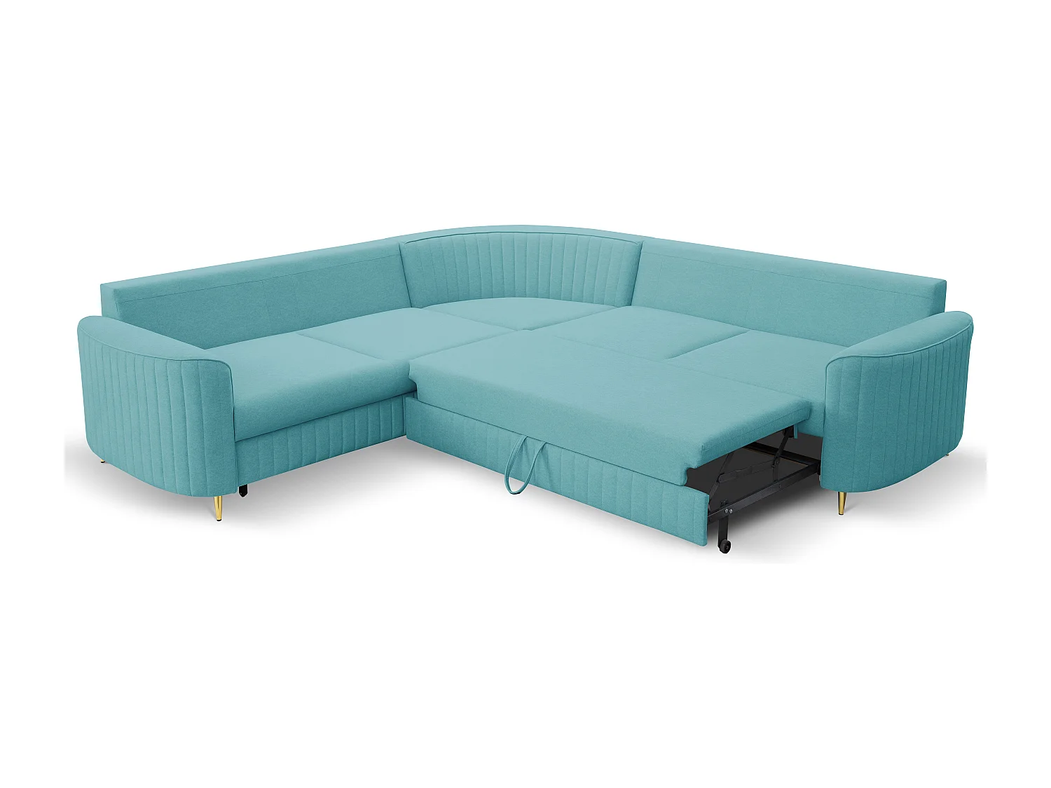 Canapé d'angle LAREN convertible, coffre de rangement, pieds en plastique, côté gauche, TURQUOISE, 251x251x85 cm