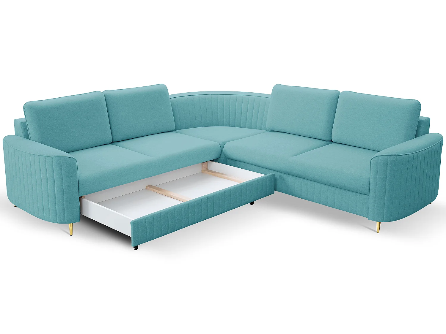 Canapé d'angle LAREN convertible, coffre de rangement, pieds en plastique, côté gauche, TURQUOISE, 251x251x85 cm