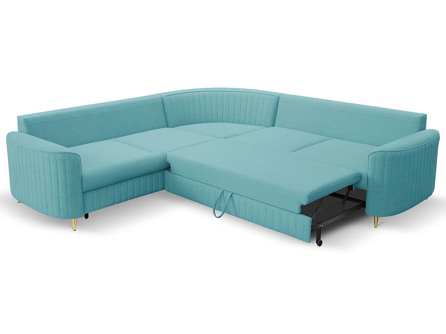 Canapé d'angle LAREN convertible, coffre de rangement, pieds en plastique, côté gauche, TURQUOISE, 251x251x85 cm