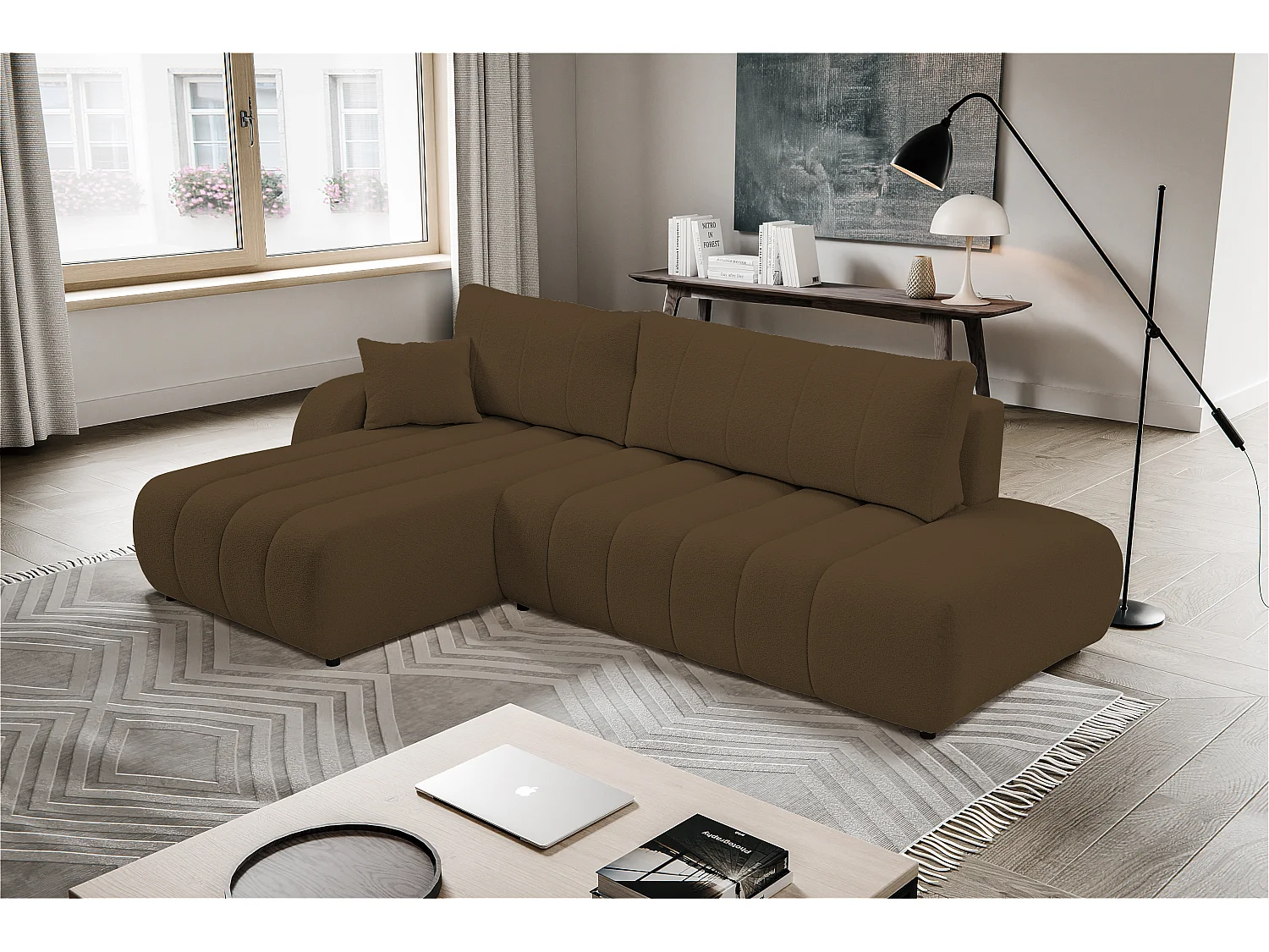 Canapé avec fonction lit et coffre de rangement, rembourrage confortable, tissu, coussins décoratifs, côté gauche, 276x88x176 cm, marron