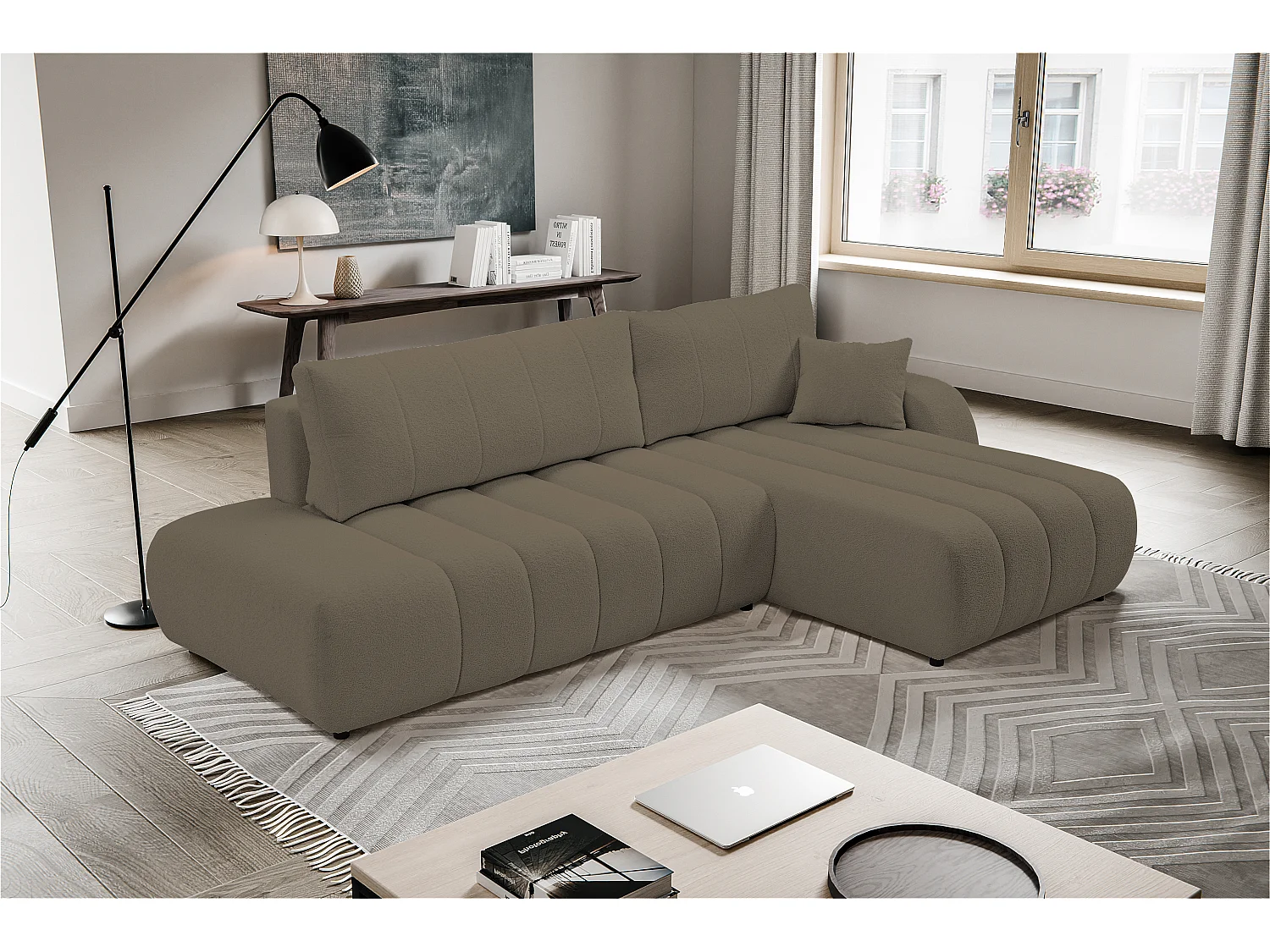 Canapé avec fonction lit et coffre de rangement, rembourrage confortable, tissu, coussins décoratifs, côté droit, 276x88x176 cm, marron clair