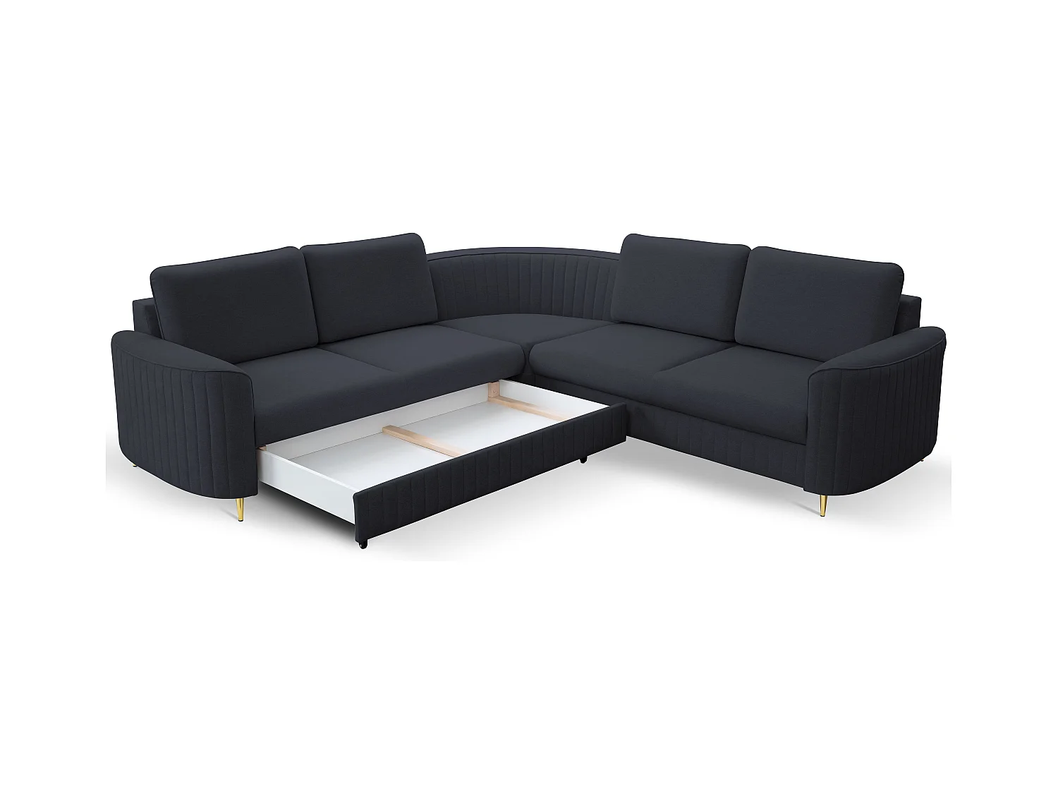 Canapé d'angle LAREN convertible, coffre de rangement, pieds en plastique, côté gauche, BLEU MARINE, 251x251x85 cm