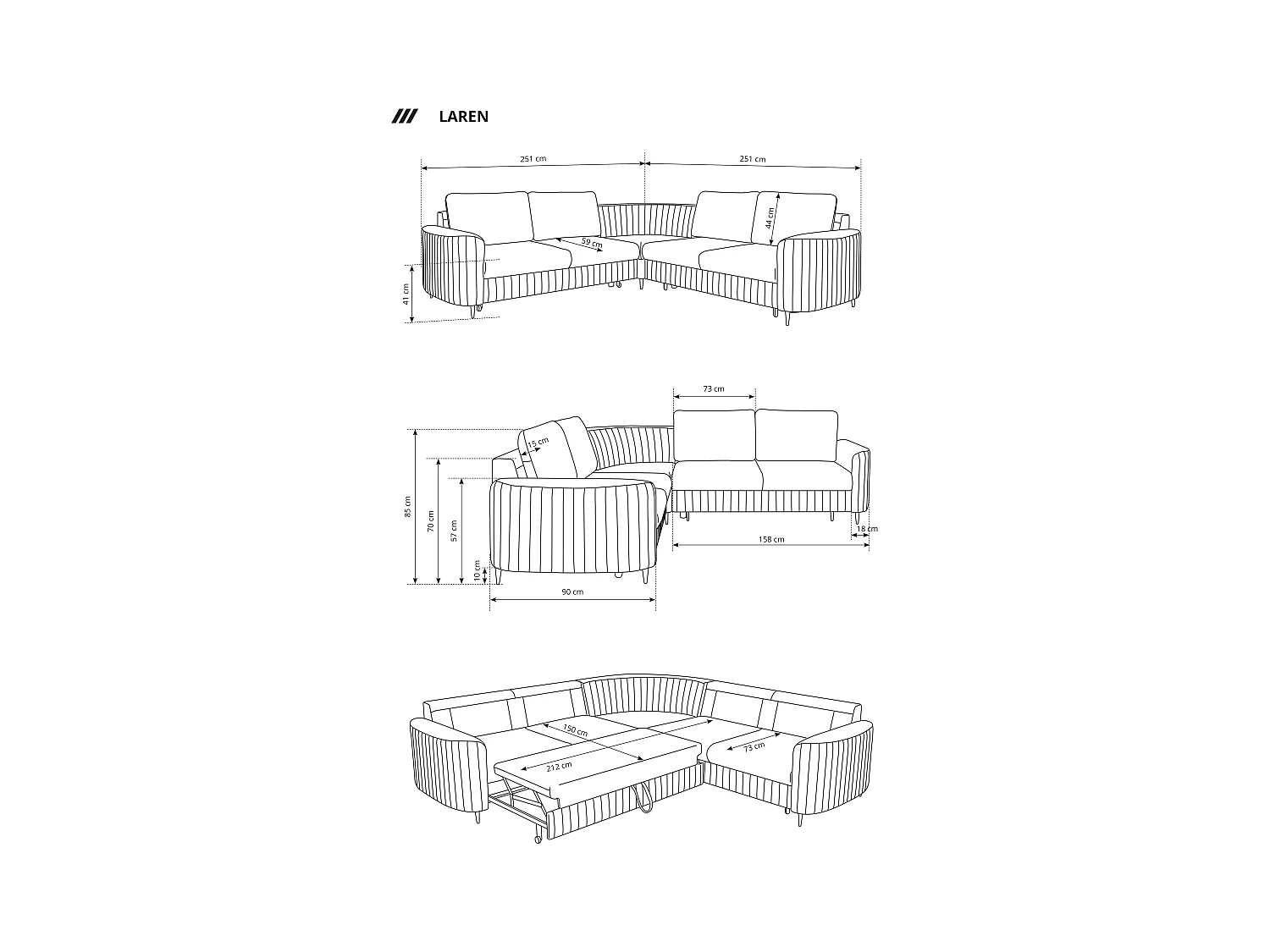 Canapé d'angle LAREN convertible, coffre de rangement, pieds en plastique, côté gauche, BLEU MARINE, 251x251x85 cm