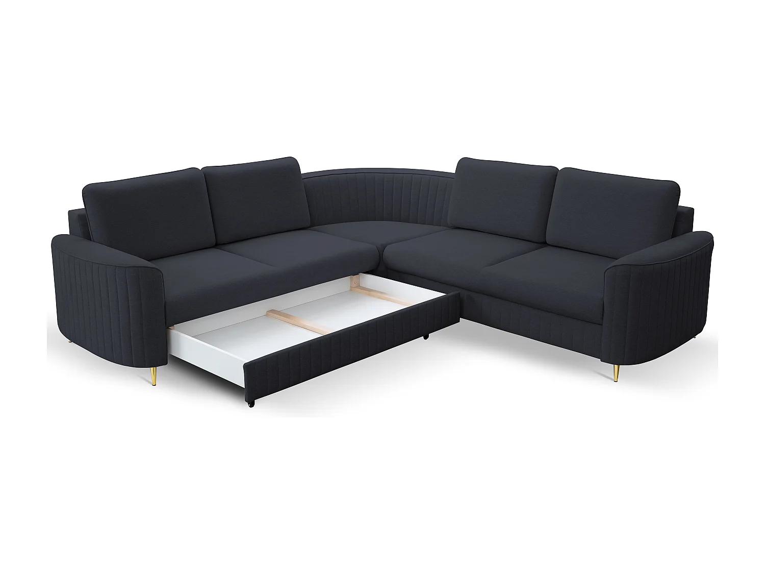 Canapé d'angle LAREN convertible, coffre de rangement, pieds en plastique, côté gauche, BLEU MARINE, 251x251x85 cm