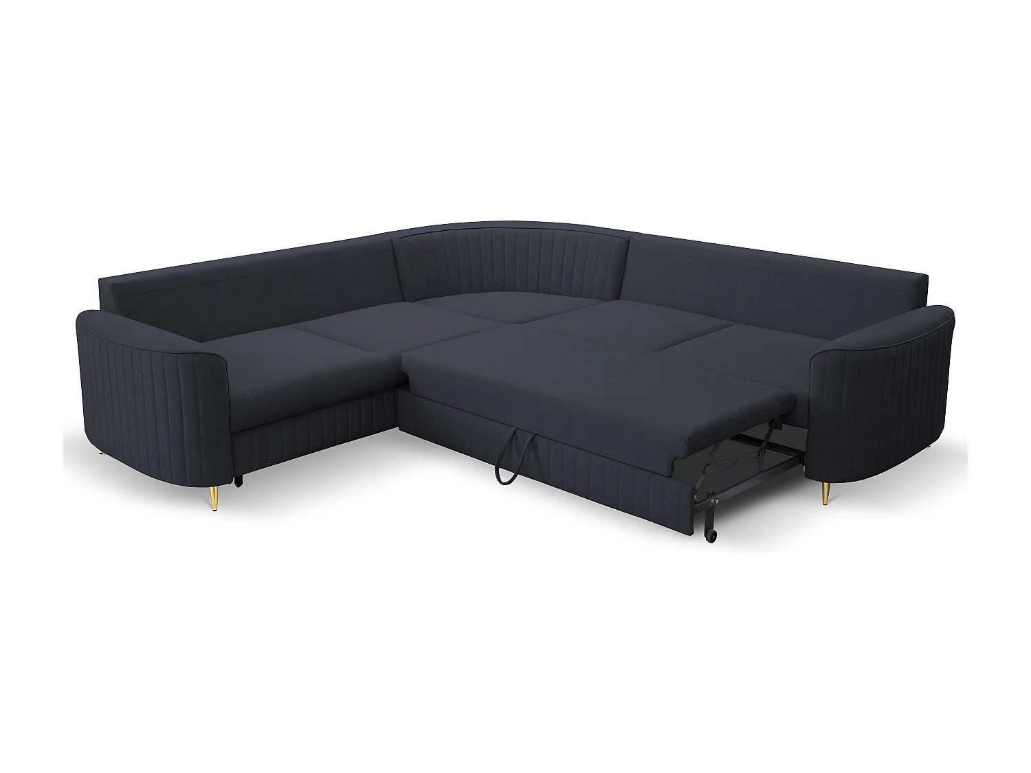 Canapé d'angle LAREN convertible, coffre de rangement, pieds en plastique, côté gauche, BLEU MARINE, 251x251x85 cm