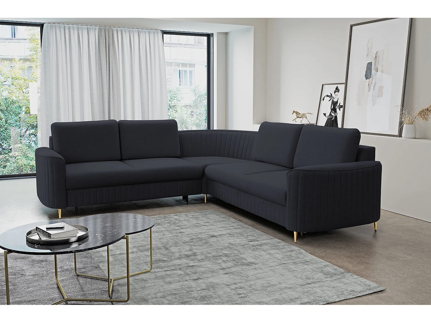 Canapé d'angle LAREN convertible, coffre de rangement, pieds en plastique, côté gauche, BLEU MARINE, 251x251x85 cm