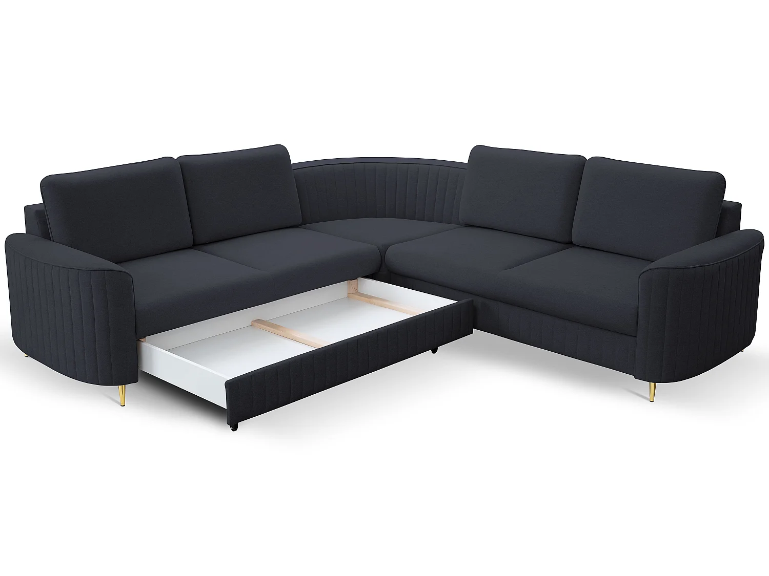 Canapé d'angle LAREN convertible, coffre de rangement, pieds en plastique, côté gauche, BLEU MARINE, 251x251x85 cm