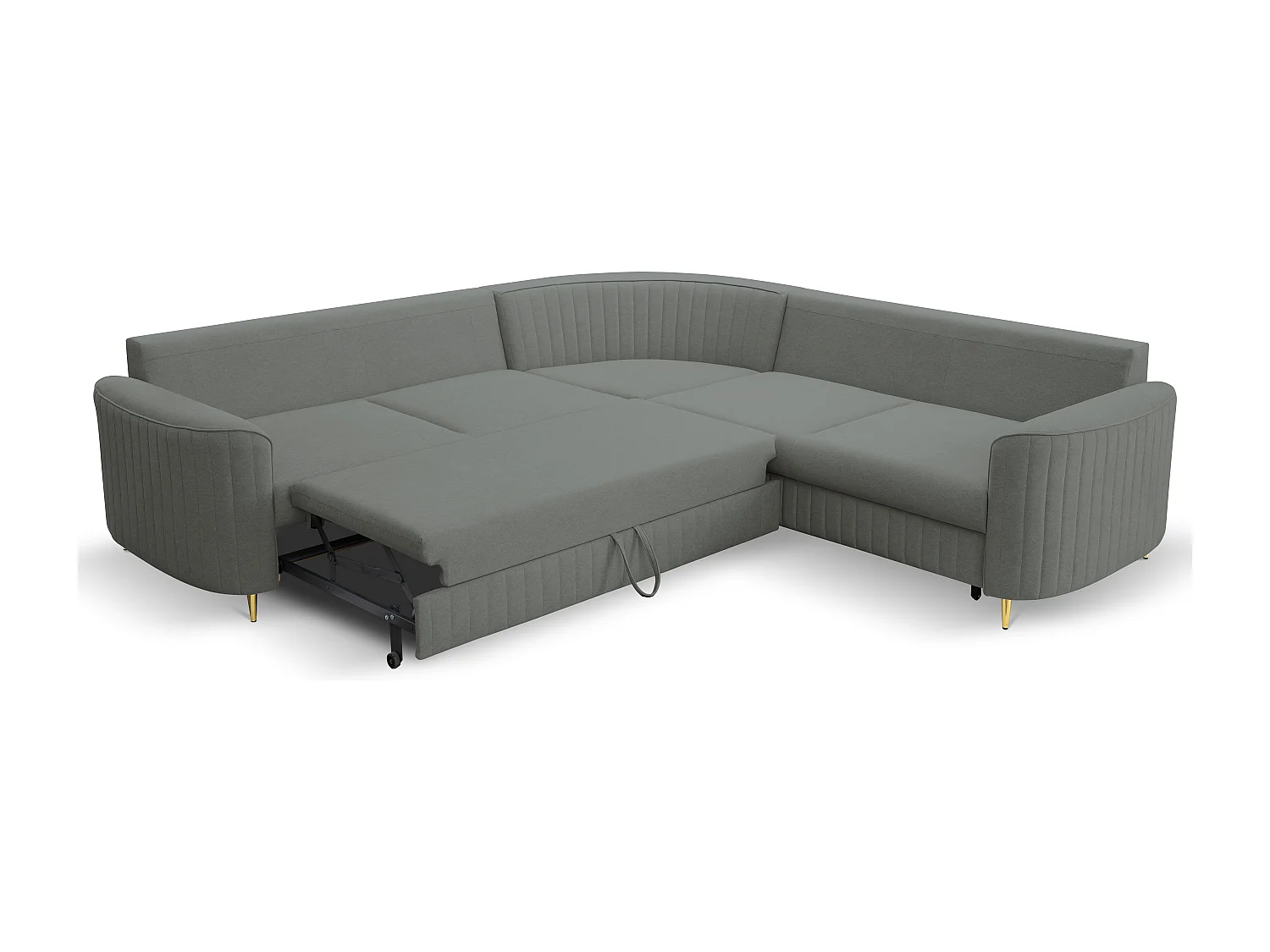 Narożnik LAREN nowoczesna sofa z funkcją spania, pojemnik na pościel, plastikowe nogi, prawa strona, CIEMNOSZARY, 251x251x85 cm