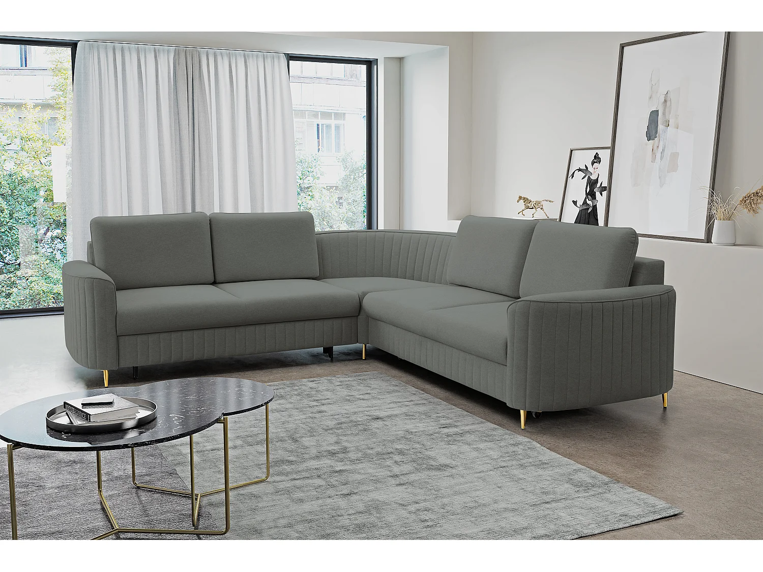 Canapé d'angle LAREN convertible, coffre de rangement, pieds en plastique, côté droit, GRIS FONCÉ, 251x251x85 cm