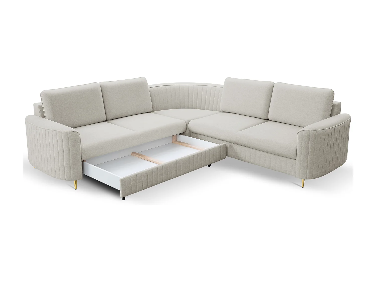 Hoekbank LAREN – Moderne slaapbank, opbergruimte, kunststof poten, linkerzijde, LICHT ASHLEY, 251x251x85 cm