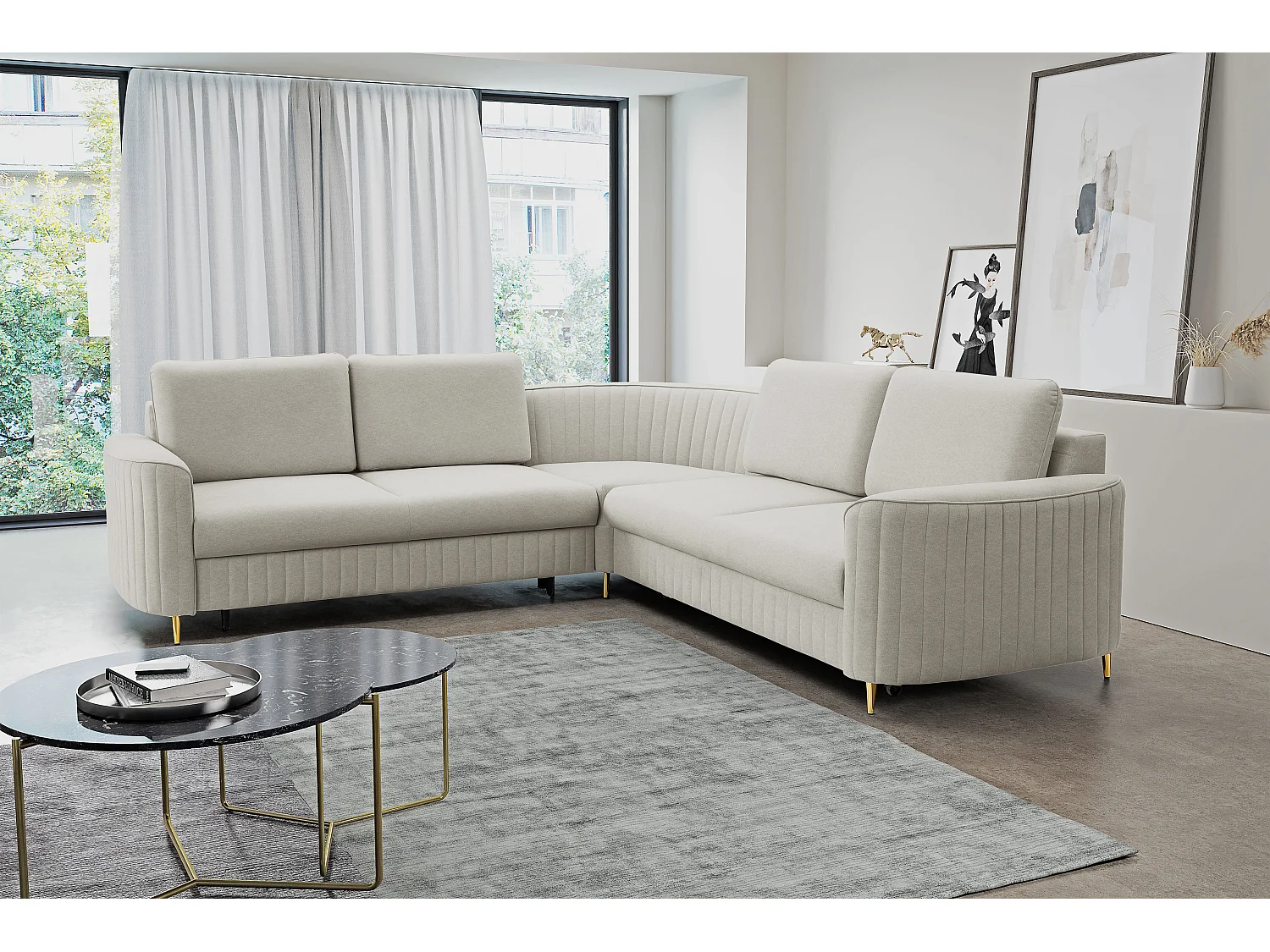 Hoekbank LAREN – Moderne slaapbank, opbergruimte, kunststof poten, linkerzijde, LICHT ASHLEY, 251x251x85 cm