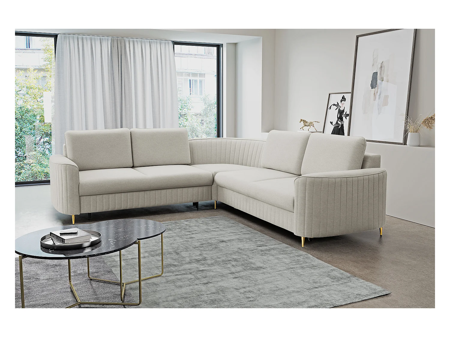 Canapé d'angle LAREN convertible, coffre de rangement, pieds en plastique, côté gauche, ASHLEY CLAIR, 251x251x85 cm