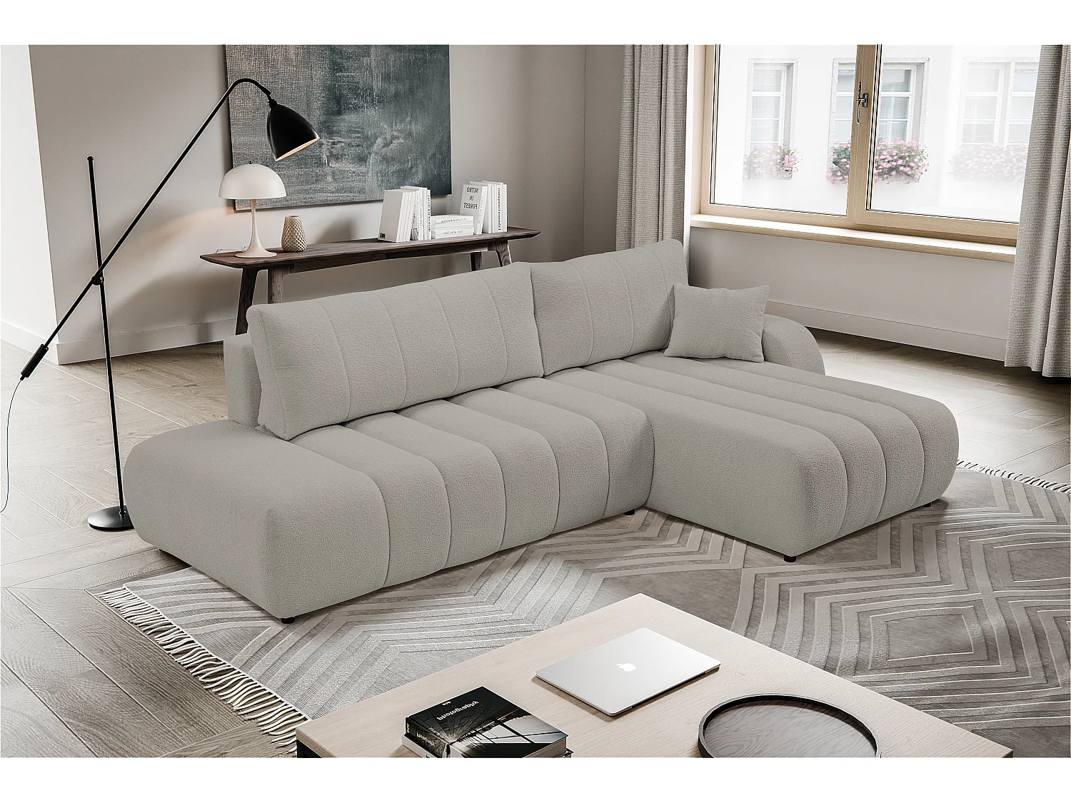 Bank met slaapfunctie en opbergdoos, comfortabele bekleding, stof, decoratieve kussens, rechterzijde, 276x88x176 cm, lichtgrijs