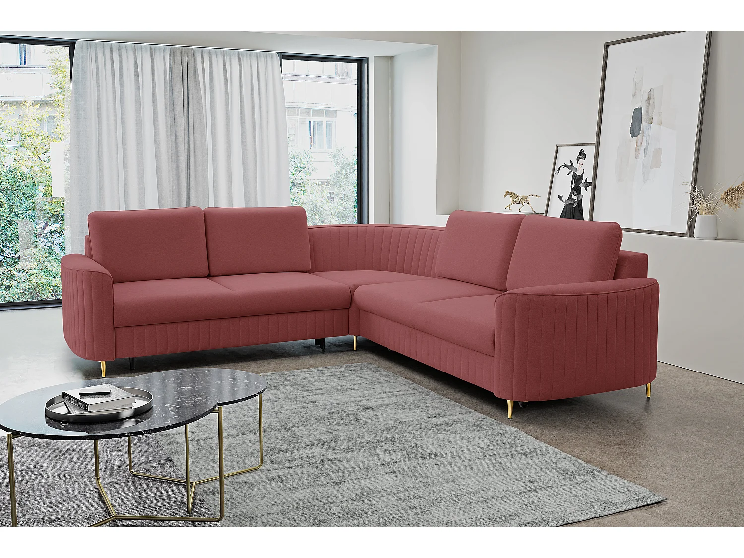 Narożnik LAREN nowoczesna sofa z funkcją spania, pojemnik na pościel, plastikowe nogi, prawa strona, BURGUND, 251x251x85 cm
