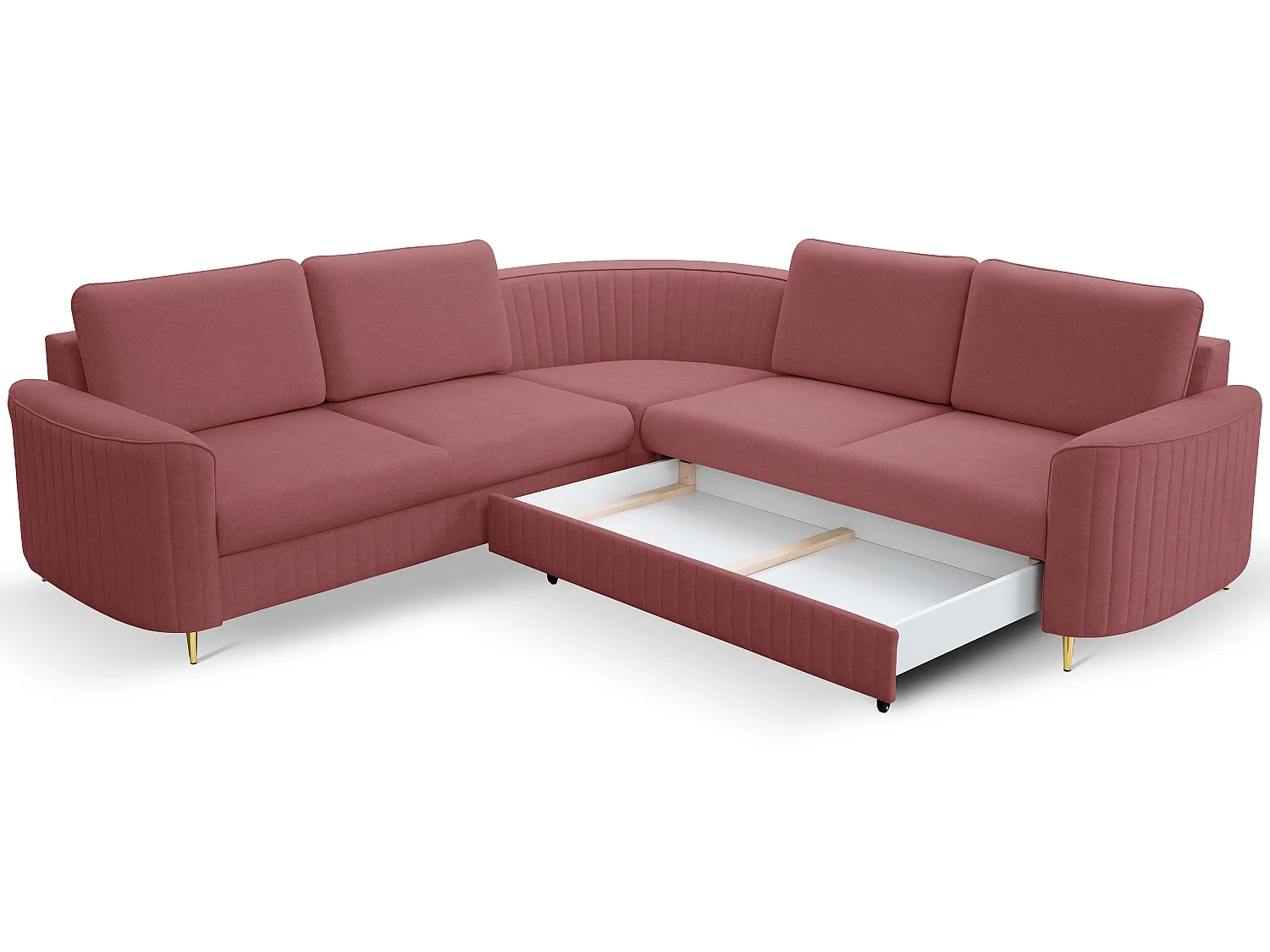 Narożnik LAREN nowoczesna sofa z funkcją spania, pojemnik na pościel, plastikowe nogi, prawa strona, BURGUND, 251x251x85 cm