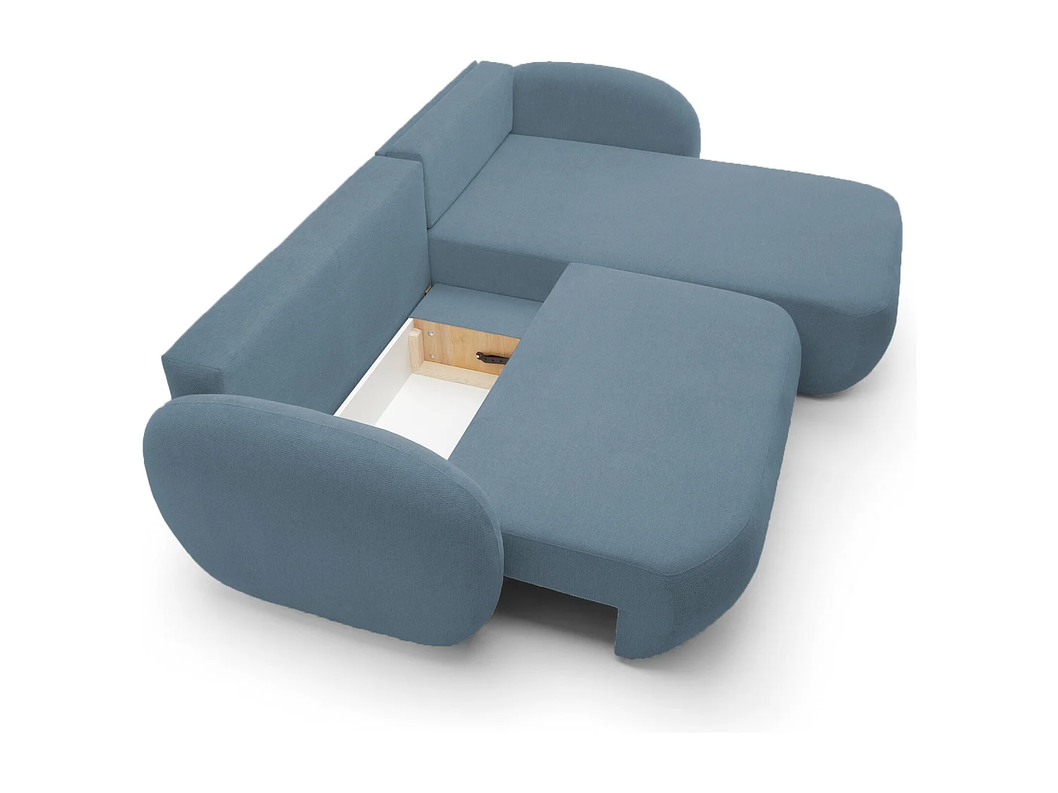 Ecksofa OLIO L-Form mit Bett 138x210cm Schublade und losen Kissen – Rechte Seite 248x174x86cm HELLBLAU