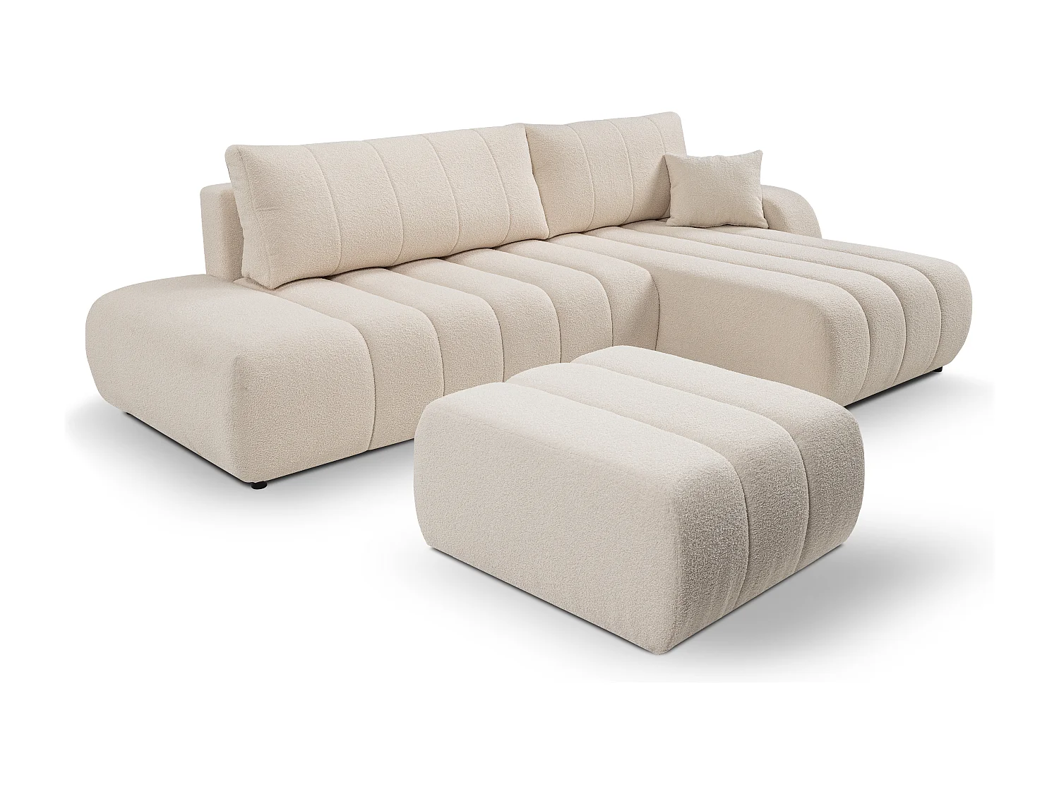 Canapé avec fonction lit et coffre de rangement, rembourrage confortable, tissu, coussins décoratifs, côté droit, 276x88x176 cm, crème