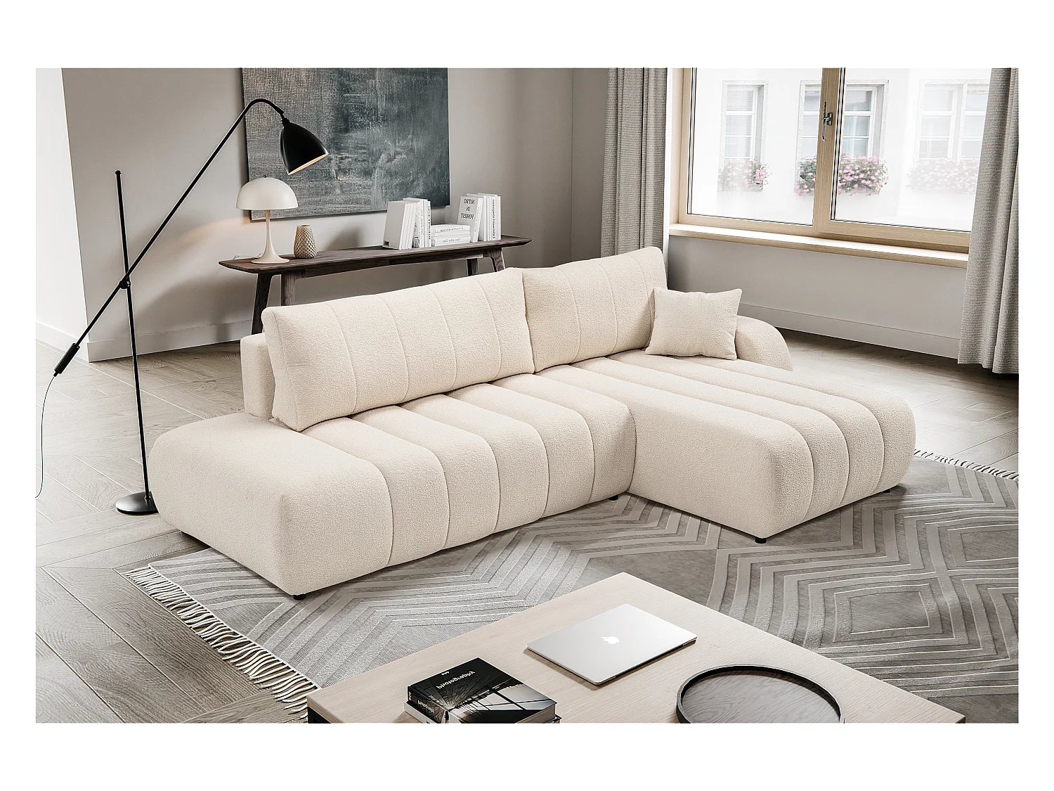 Canapé avec fonction lit et coffre de rangement, rembourrage confortable, tissu, coussins décoratifs, côté droit, 276x88x176 cm, crème