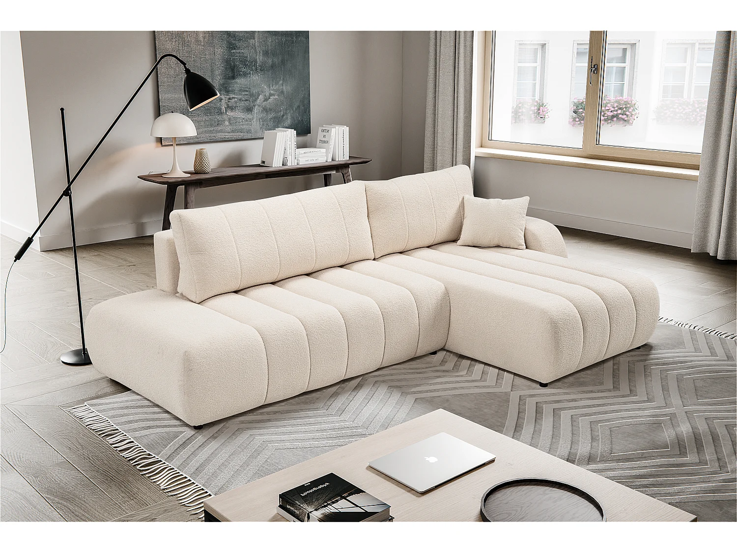 Canapé avec fonction lit et coffre de rangement, rembourrage confortable, tissu, coussins décoratifs, côté droit, 276x88x176 cm, crème