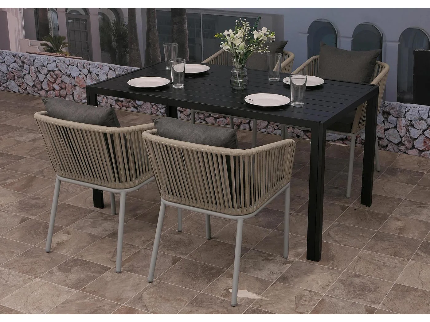 Ensemble de jardin MCW-N41 (5 pièces),  gris, coussin gris foncé