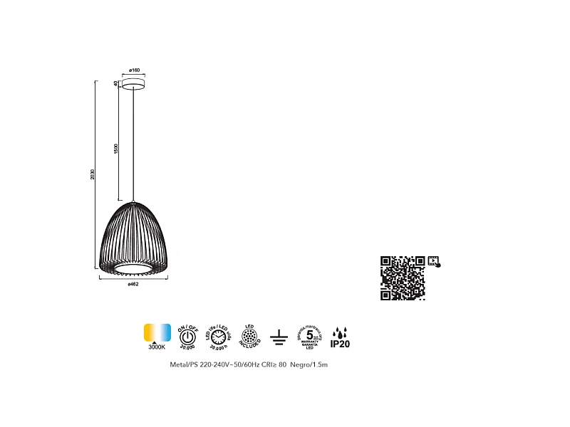 Suspension LED Smart en métal noir Mantra