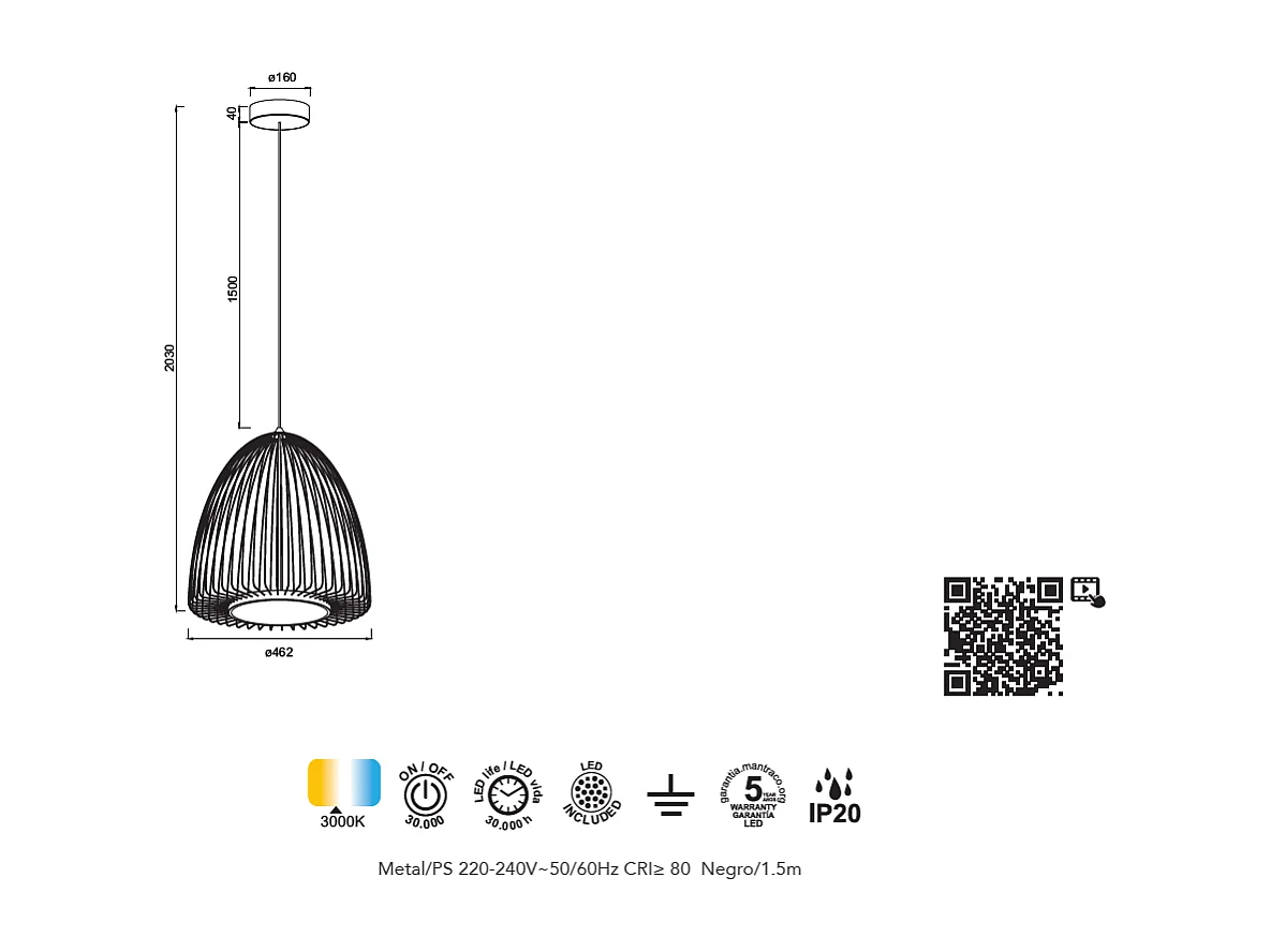 Suspension LED Smart en métal noir Mantra