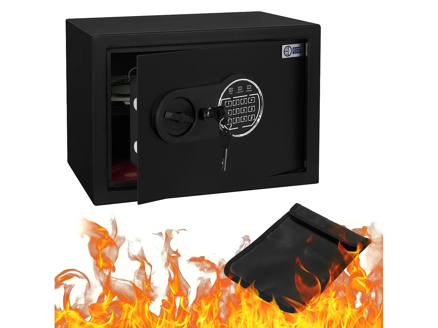 ECD Germany Caja fuerte de seguridad eléctronica 16L 35x25x25cm con bolsa ígnifuga, teclado númerico digital y sensor metal negro para deposito