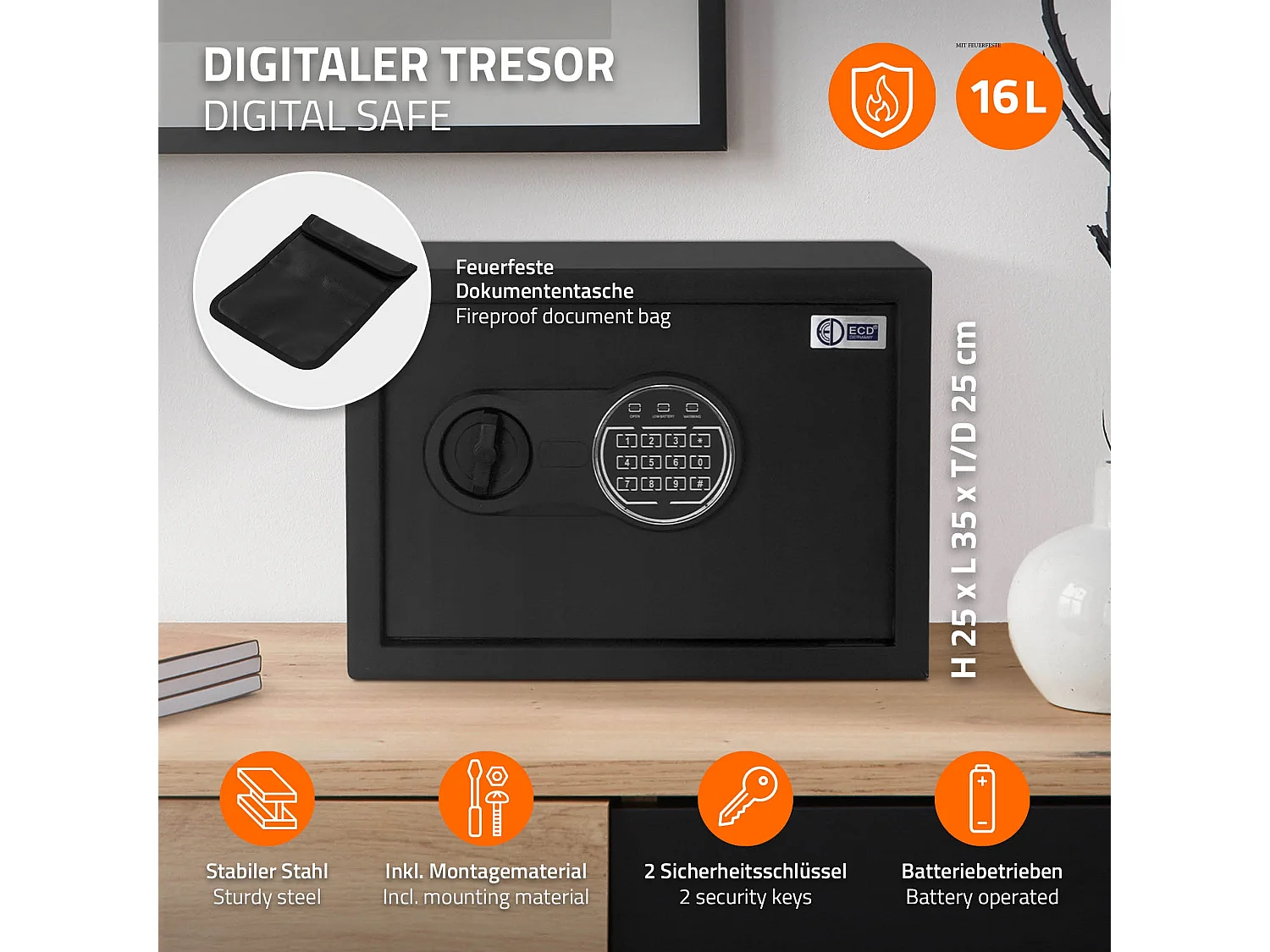 ECD Germany Caja fuerte de seguridad eléctronica 16L 35x25x25cm con bolsa ígnifuga, teclado númerico digital y sensor metal negro para deposito
