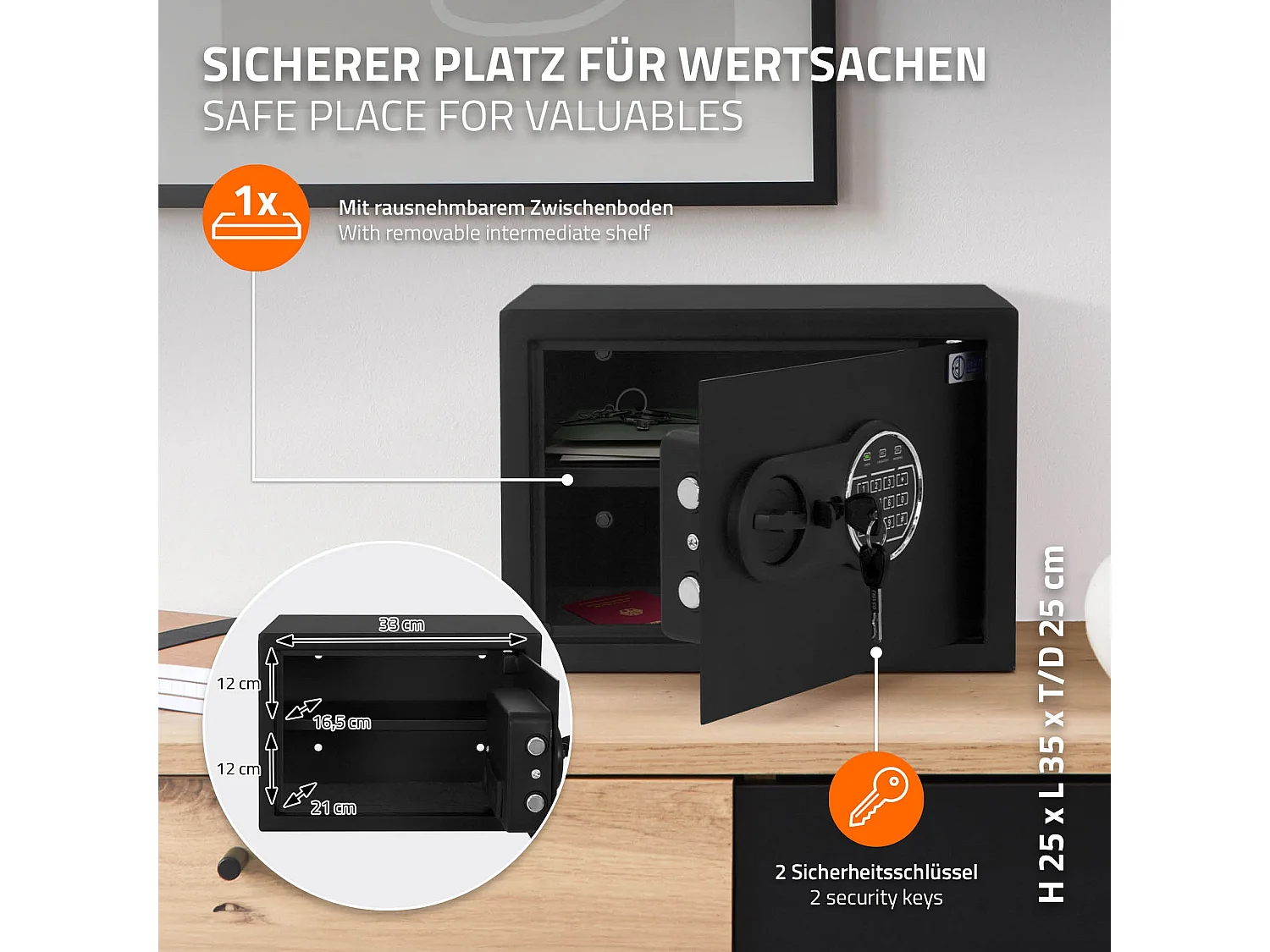 ECD Germany Caja fuerte de seguridad eléctronica 16L 35x25x25cm con bolsa ígnifuga, teclado númerico digital y sensor metal negro para deposito