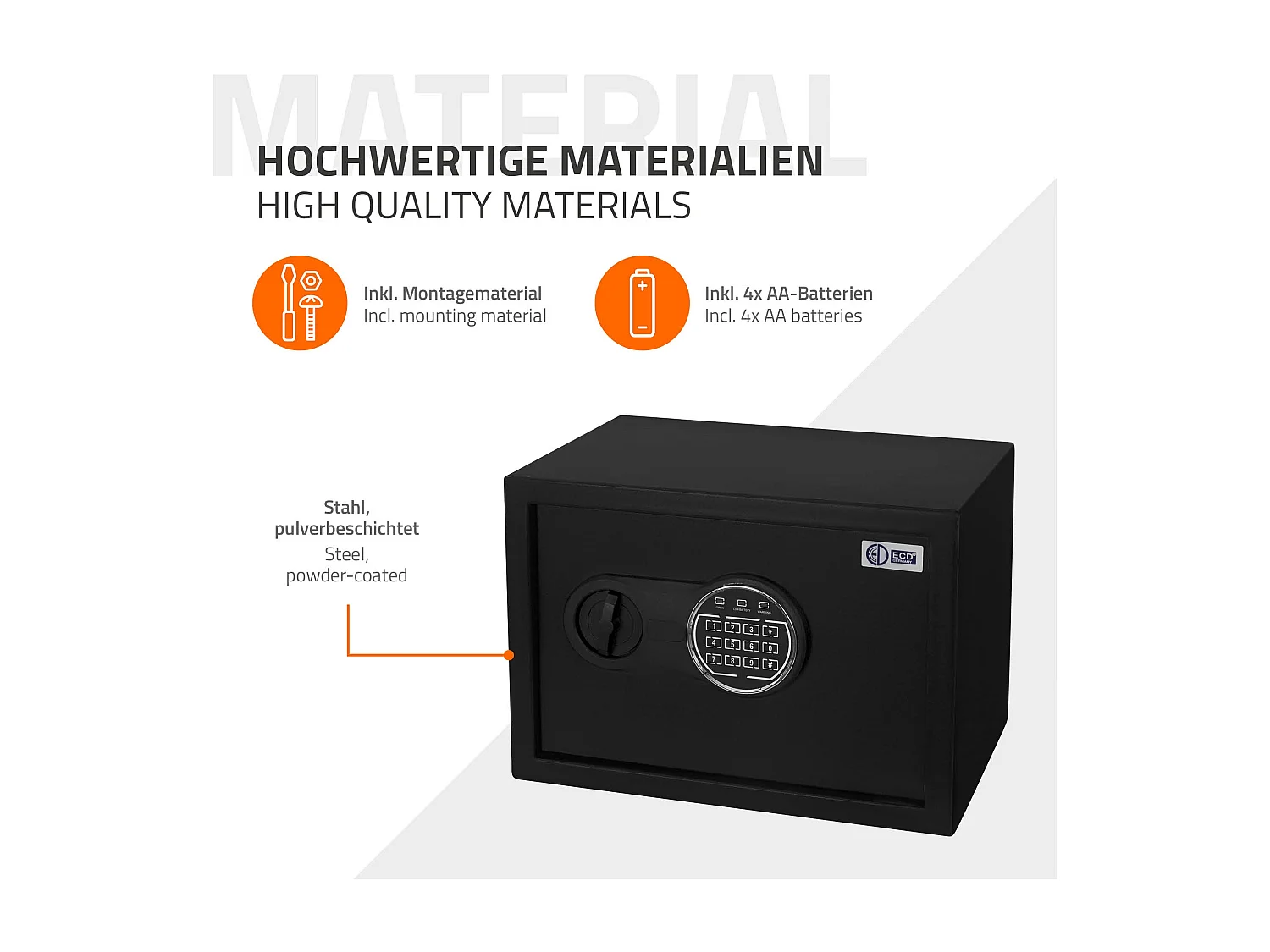 ECD Germany Caja fuerte de seguridad eléctronica 16L 35x25x25cm con bolsa ígnifuga, teclado númerico digital y sensor metal negro para deposito