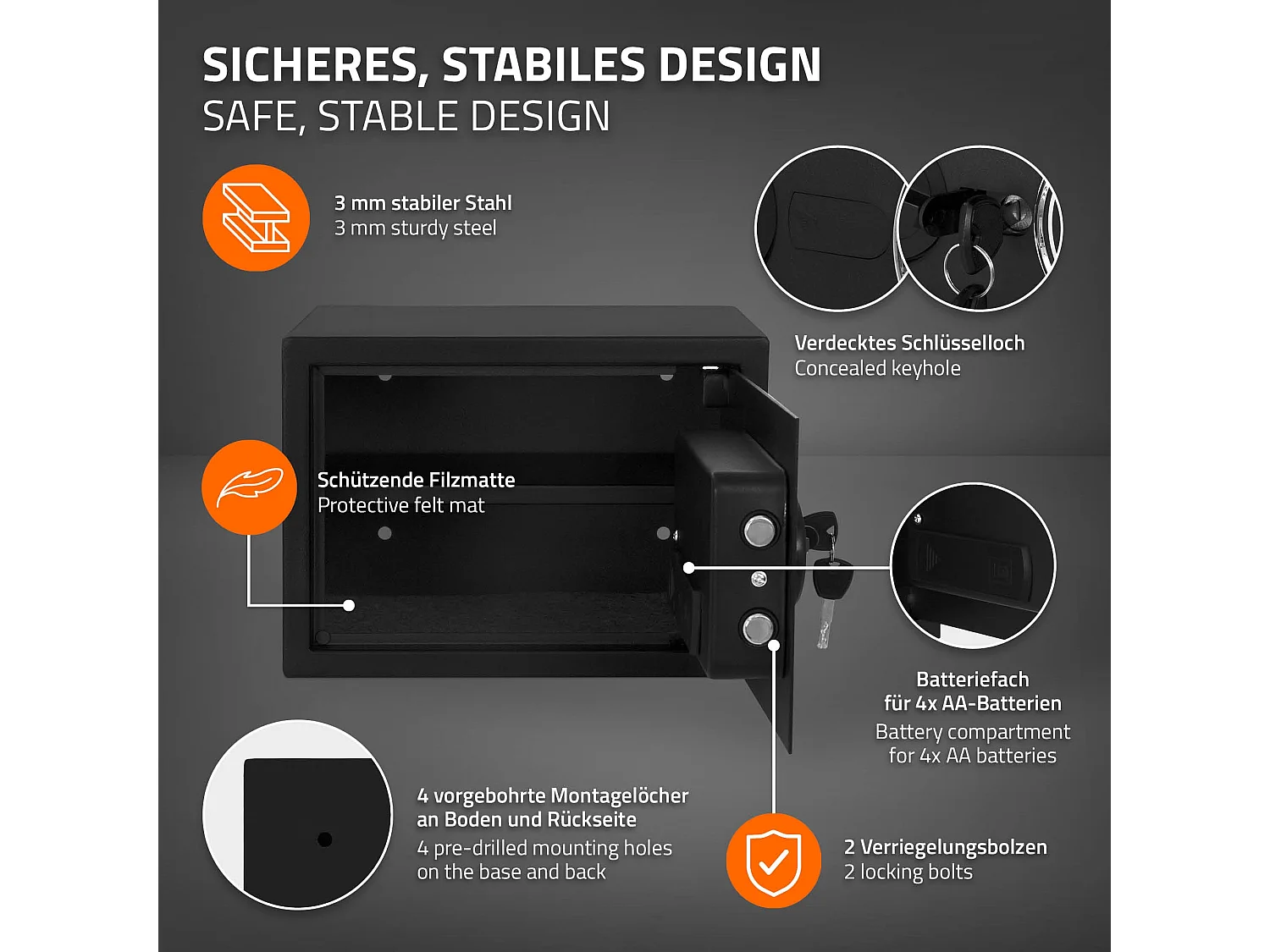 ECD Germany Caja fuerte de seguridad eléctronica 16L 35x25x25cm con bolsa ígnifuga, teclado númerico digital y sensor metal negro para deposito