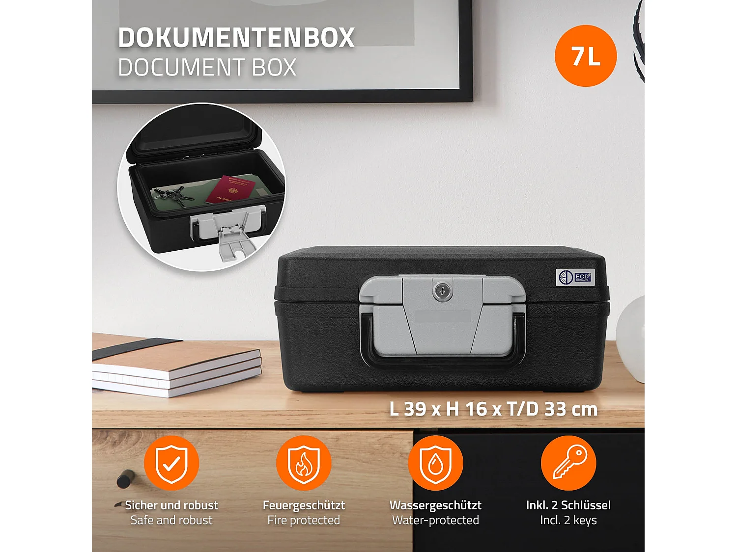 Caja de seguridad para documentos DIN A4 39x33x16cm archivador con asa ignífugo