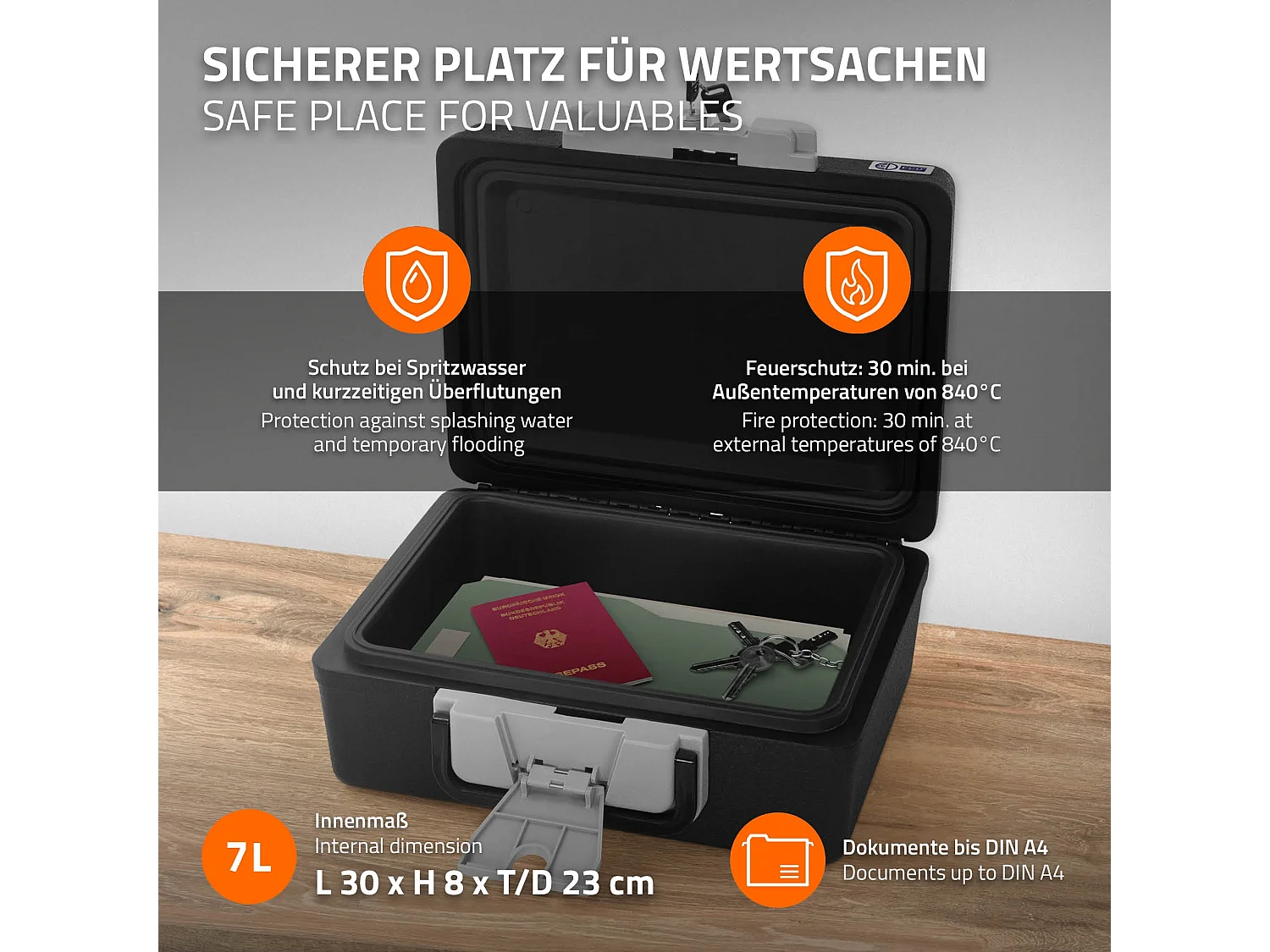 Caja de seguridad para documentos DIN A4 39x33x16cm archivador con asa ignífugo